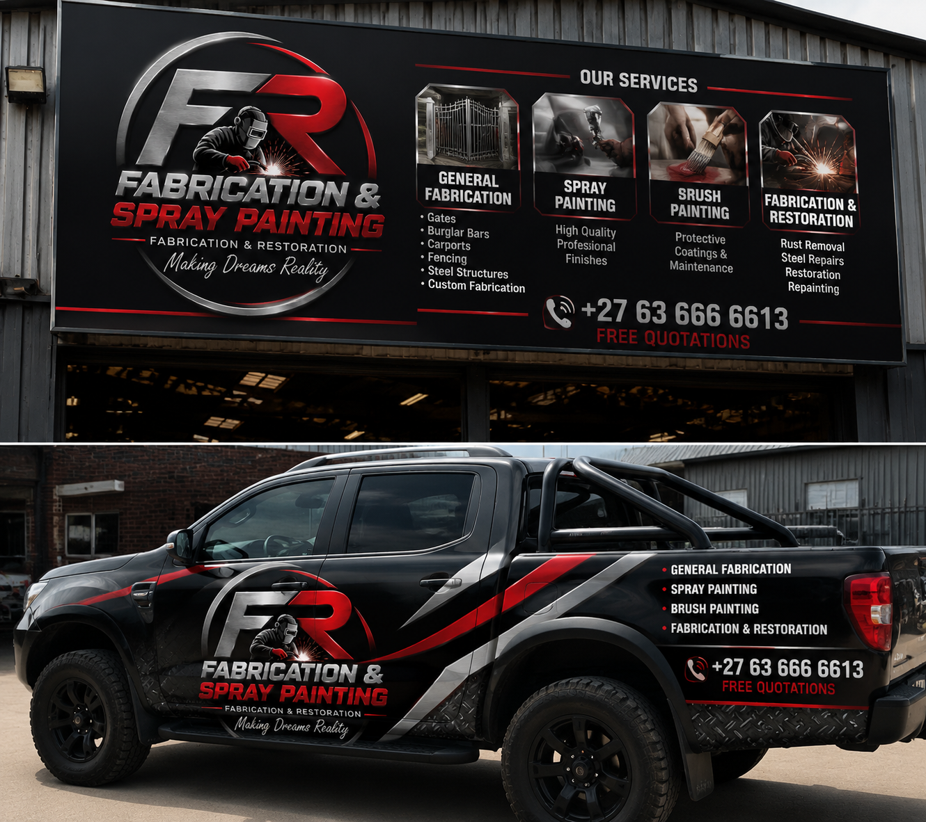 FR branding on workshop sign and work vehicle